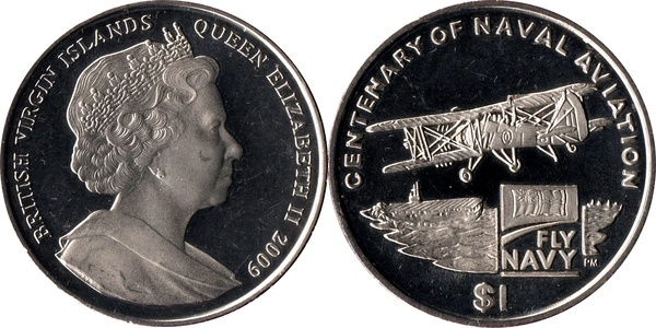 British Virgin Islands (British Overseas Territories), 1 Dollar, 2009, 100th Anniversary of Naval Aviation, KM #382, UNC Condition.