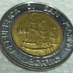 Alternative view of San Marino, 500 Lire, 1991, Terra Ospitale 1944, Bimetal, KM #269, Circulated Condition.
