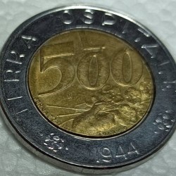 San Marino, 500 Lire, 1991, Terra Ospitale 1944, Bimetal, KM #269, Circulated Condition.