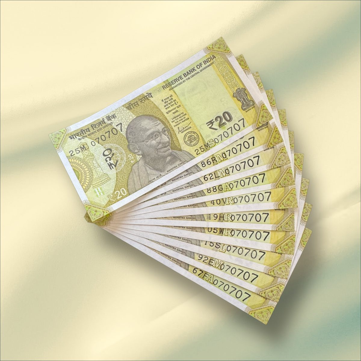 Rs 20 India Banknote Triple Number 10 Note Set Number 070707 Gem Unc Very Unique and Rare