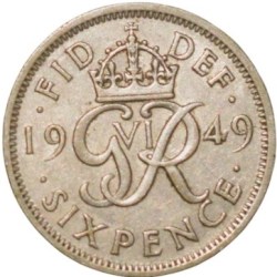 Alternative view of Copper-Nickel 6 Pence of George VI of United Kingdom (AD 1949) with Flowers