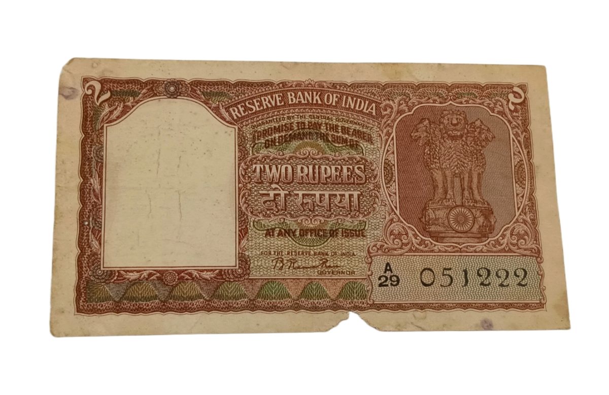 2 Rupees Old Big FAFRA Issue B.RAMA RAO Gujrati FIRST ISSUE with SEMI FANCY Numbers **V. RARE** Collectable Grade with Minor Torn.