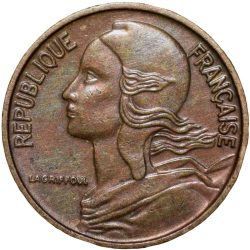 Brass 5 Centimes of France ( AD 1966) with Marianne face left