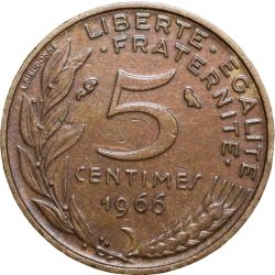 Alternative view of Brass 5 Centimes of France ( AD 1966) with Marianne face left