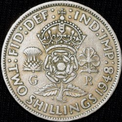 Copper-Nickel 2 Shillings of George VI (AD 1948) from Great Brittain Crown above Rose Plant