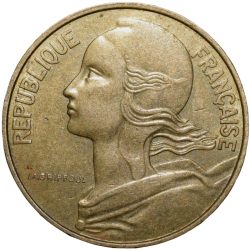 Brass 10 Centimes of France ( AD 1980) with Marianne face left