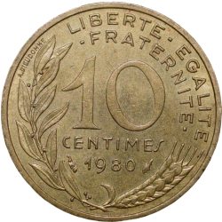 Alternative view of Brass 10 Centimes of France ( AD 1980) with Marianne face left