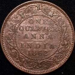 Alternative view of Copper 1/4 Anna of Victoria Queen (AD 1862) of Calcutta Mint