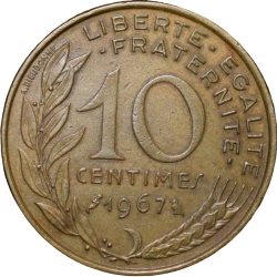 Alternative view of Brass 10 Centimes of France ( AD 1967) with Marianne face left