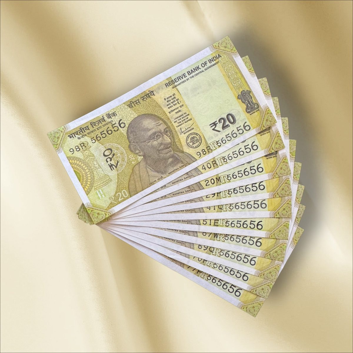 Rs 20 India Banknote Triple Number 10 Note Set Number 565656 Gem Unc Very Unique and Rare