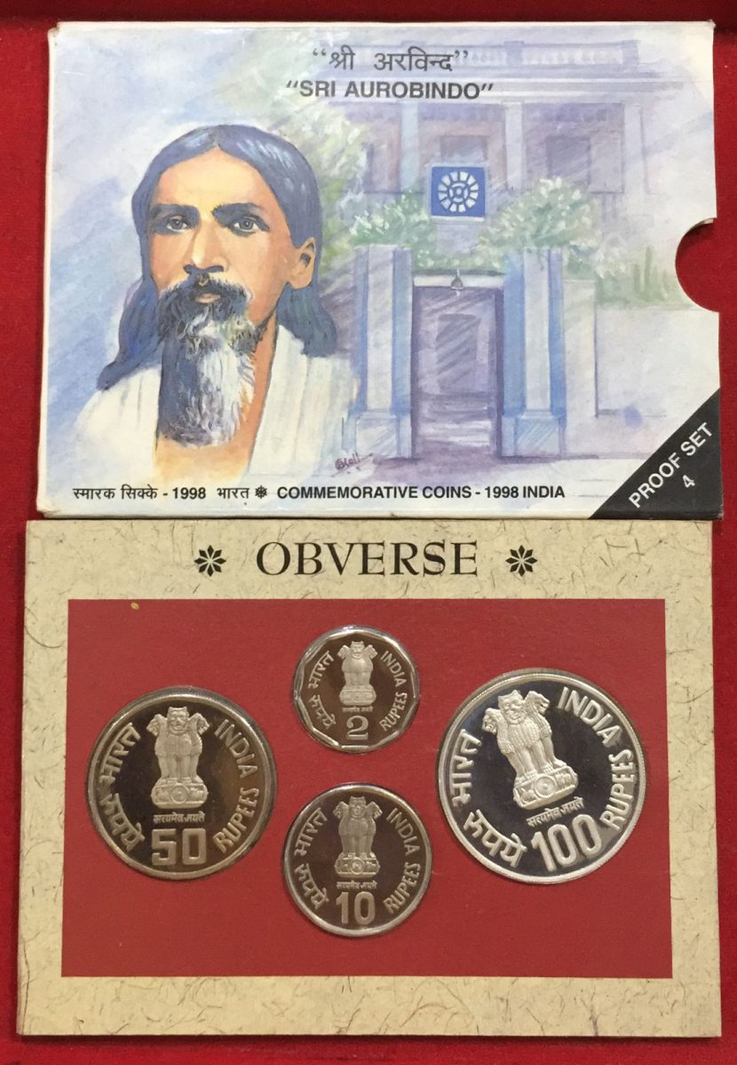 " SRI AUROBINDO " -- 1998 PROFF ( 4 COIN Set ) Mumbai Mint - Image 2