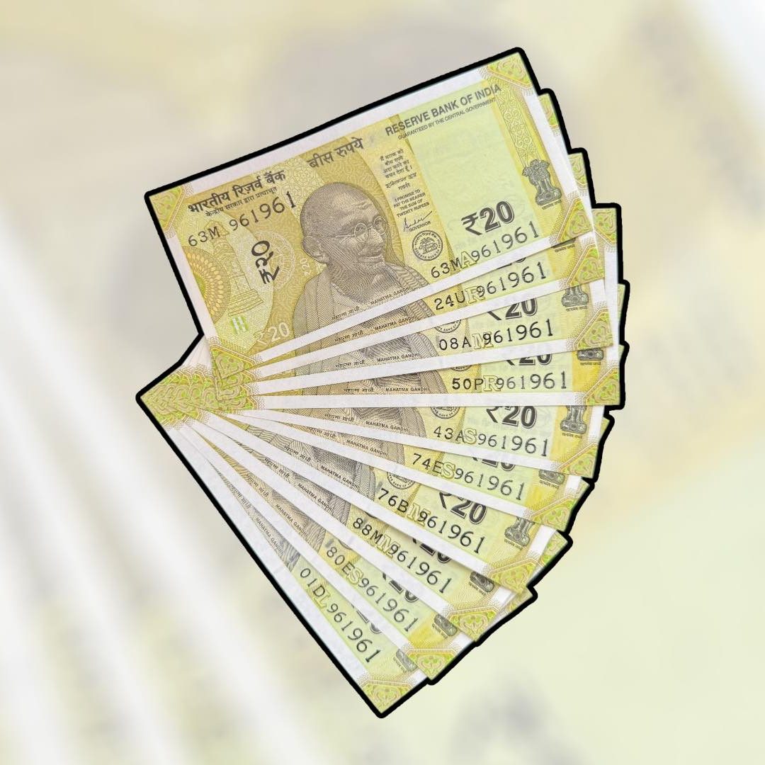 RS 20 INDIA BANK NOTE SEMI FANCY 10 NOTE SAME NUMBER SETS 961961 UNIQUE AND RARE