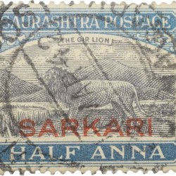 Postal Stamp of Saurashatra State - Blue Colour 1/2 Anna - GIR LION - Used Condition as per Image.