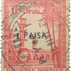 Old Postal Stamp of Pakistan 1-1/2 Anna Red Colour with over print in Black '1 Paisa' - Used Condition as per Image.