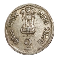 Alternative view of 2 Rupees Old Cu/Ni Big DABBU Issue Year 1990 Bombay Mint ALMOST INVERTED AXIS 6:30° CLOCK ROTATION Error **RARE** High Collectable Grade.