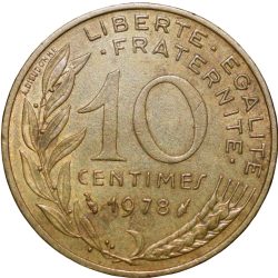 Alternative view of Brass 10 Centimes of France ( AD 1978) with Marianne face left