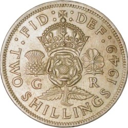Copper-Nickel 2 Shillings of George VI (AD 1949) from Great Brittain Crown above Rose Plant