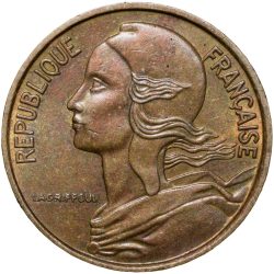 Brass 5 Centimes of France ( AD 1968) with Marianne face left