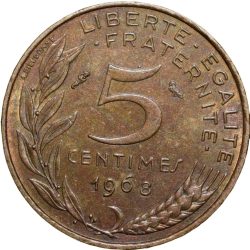 Alternative view of Brass 5 Centimes of France ( AD 1968) with Marianne face left