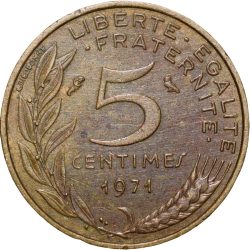 Alternative view of Brass 5 Centimes of France ( AD 1971) with Marianne face left