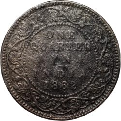Alternative view of Copper 1/4 Anna of Victoria Queen (AD 1862) of Calcutta Mint