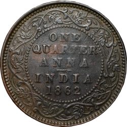 Alternative view of Copper 1/4 Anna of Victoria Queen (AD 1862) of Calcutta Mint