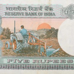 Alternative view of 5 Rupees of Republic India (AD 1985-1990) with Farmer ploughing with a tractor while sun is rising - R.N. Malhotra Signature