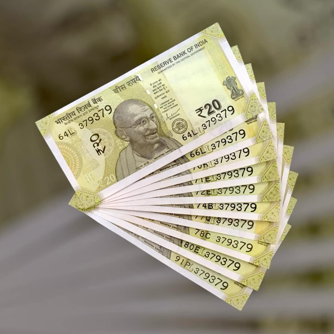 RS 20 INDIA BANK NOTE SEMI FANCY 10 NOTE SAME NUMBER SETS 379379 UNIQUE AND RARE