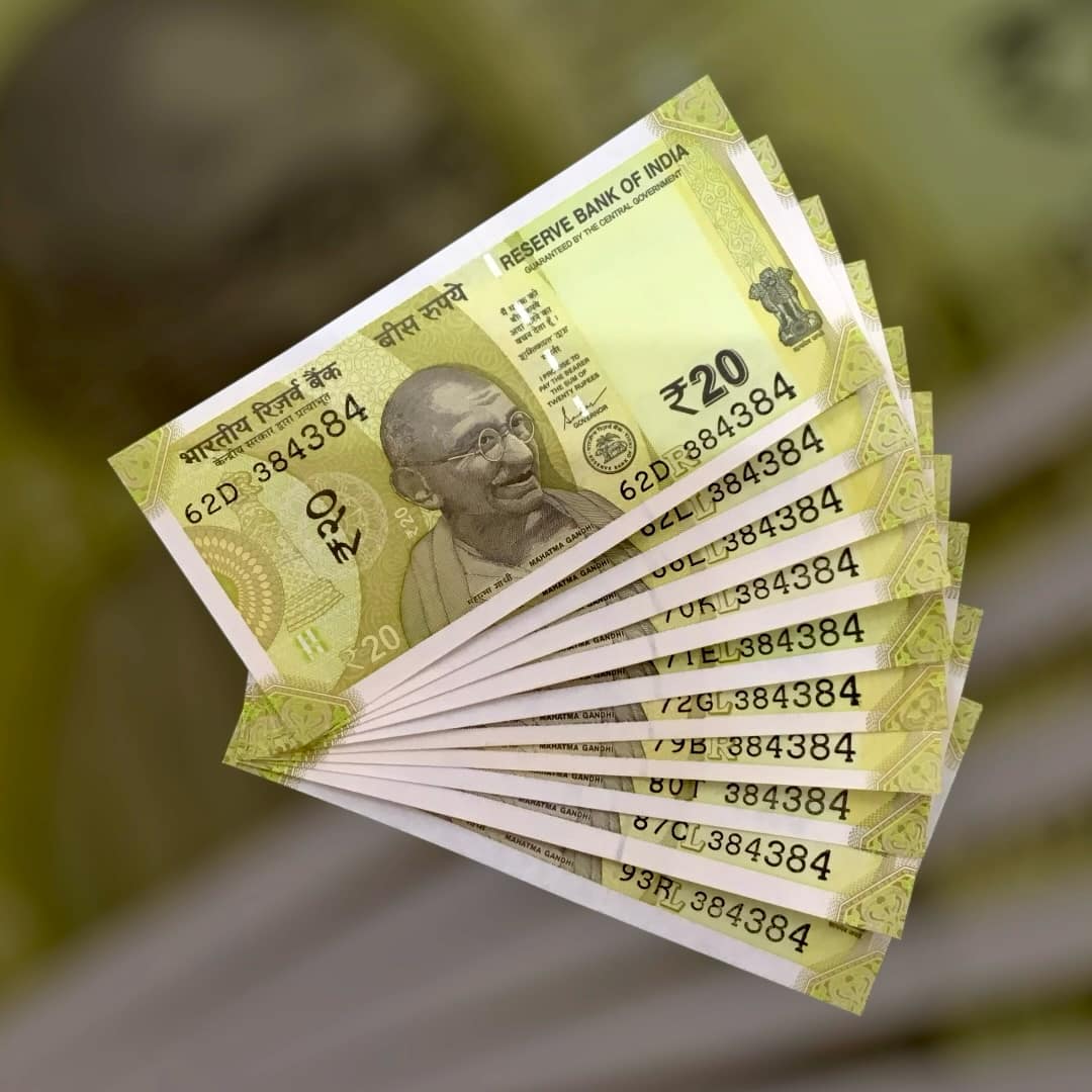 RS 20 INDIA BANK NOTE SEMI FANCY 10 NOTE SAME NUMBER SETS 384384 UNIQUE AND RARE