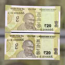Rs 20 INDIA Banknote SEMI FANCY TWIN SET 61S 006666 UNIQUE AND RARE