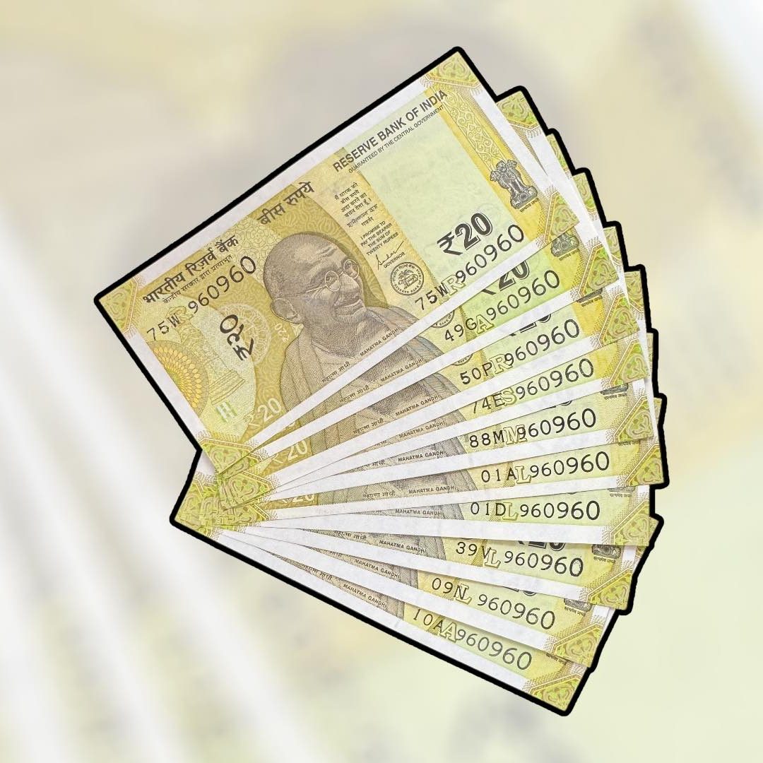 RS 20 INDIA BANK NOTE SEMI FANCY 10 NOTE SAME NUMBER SETS 960960 UNIQUE AND RARE