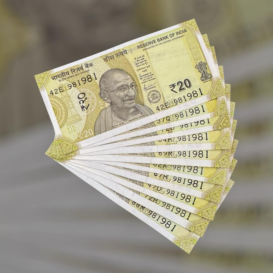 RS 20 INDIA BANK NOTE SEMI FANCY 10 NOTE SAME NUMBER SETS 981981 UNIQUE AND RARE