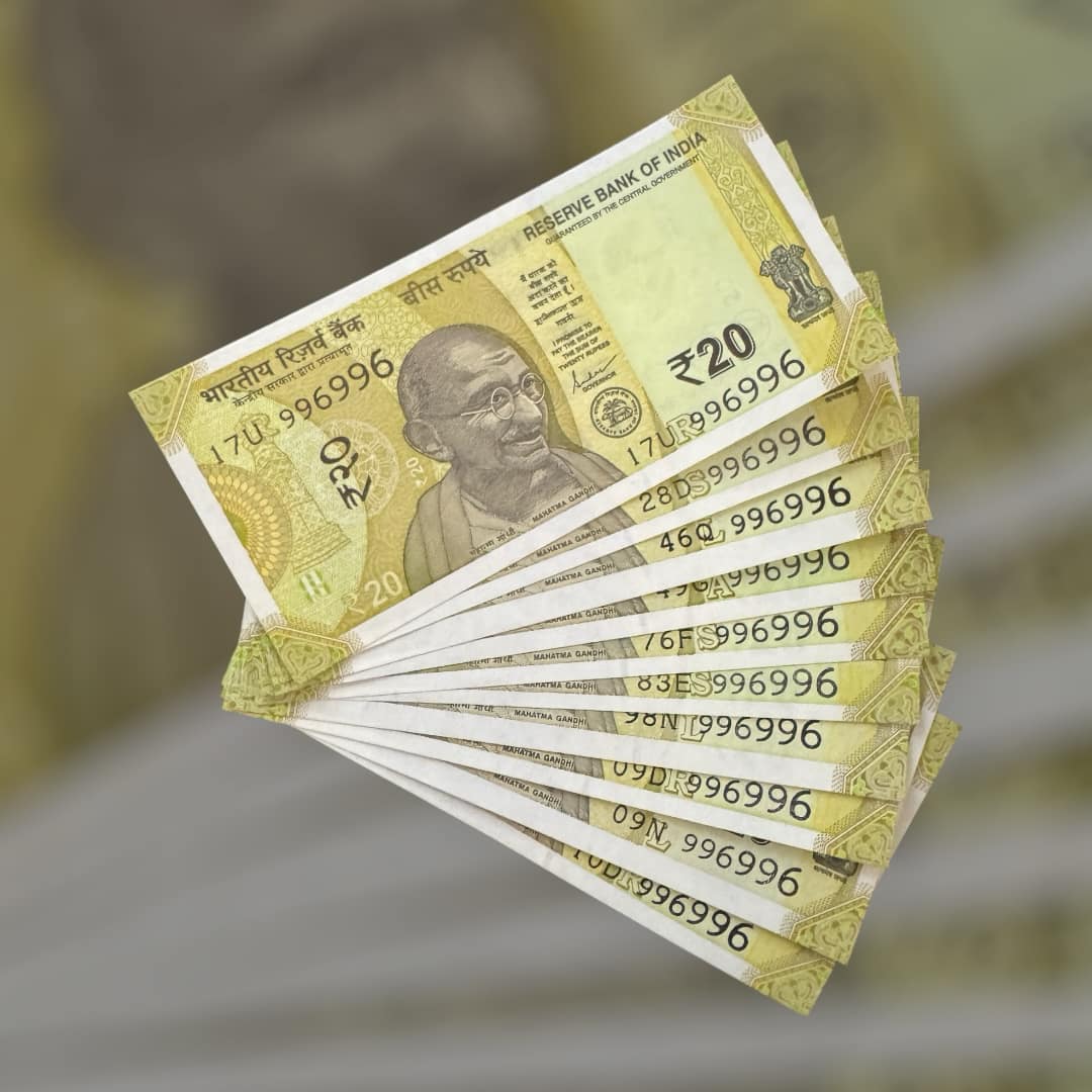 RS 20 INDIA BANK NOTE SEMI FANCY 10 NOTE SAME NUMBER SETS 996996 UNIQUE AND RARE