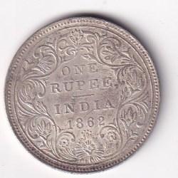 Alternative view of 1862 British India Victoria Silver One Rupees ( 4 DOT) High Detailing Rare Coin #2222