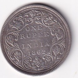 Alternative view of 1862 British India Victoria Silver One Rupees ( 4 DOT) High Detailing Rare Coin #2626