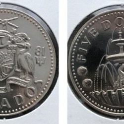 Barbados, 5 Dollars, 1979/1981, KM #16, Low Mintage, Special Uncirculated, Years may vary.
