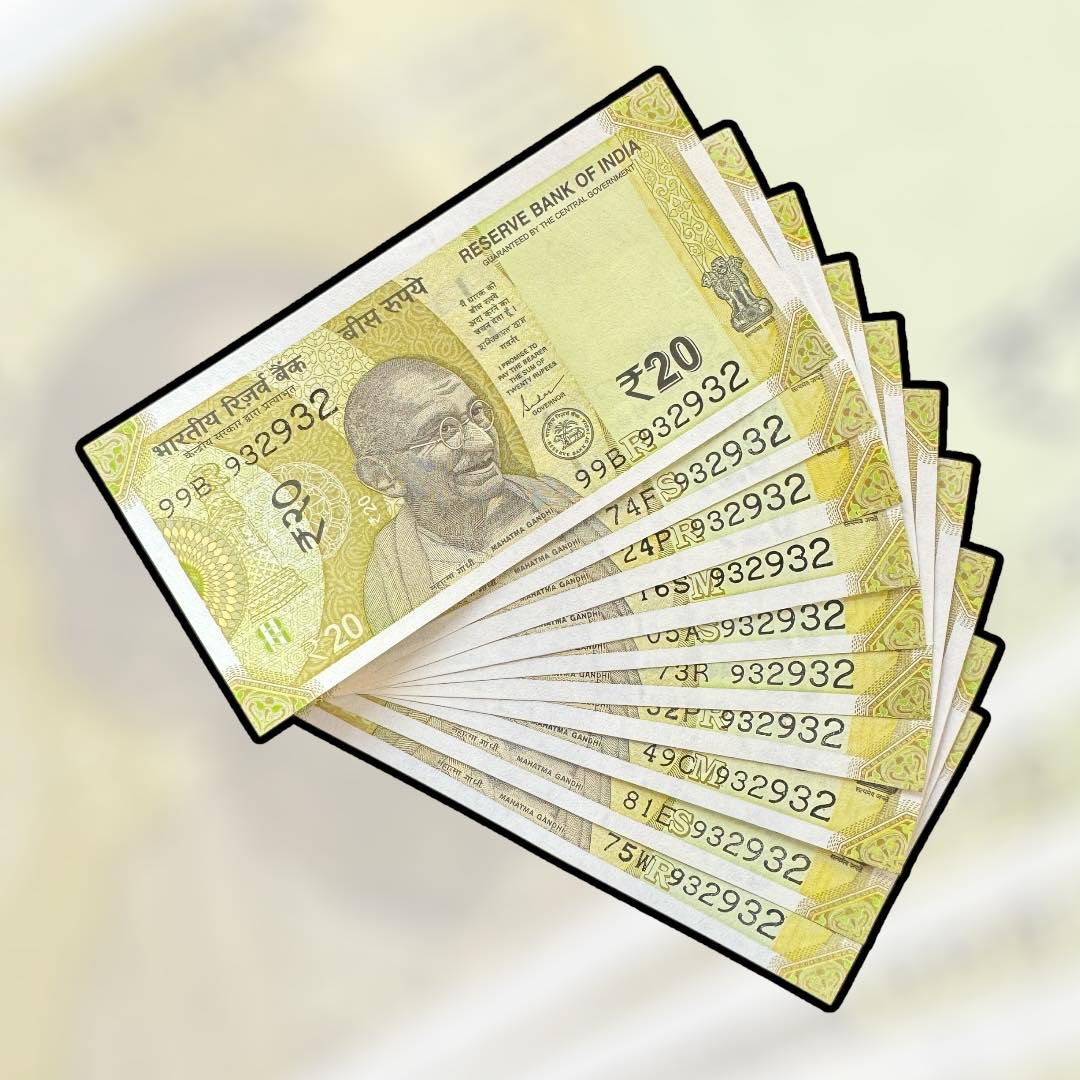 RS 20 INDIA BANK NOTE SEMI FANCY 10 NOTE SAME NUMBER SETS 932932 UNIQUE AND RARE