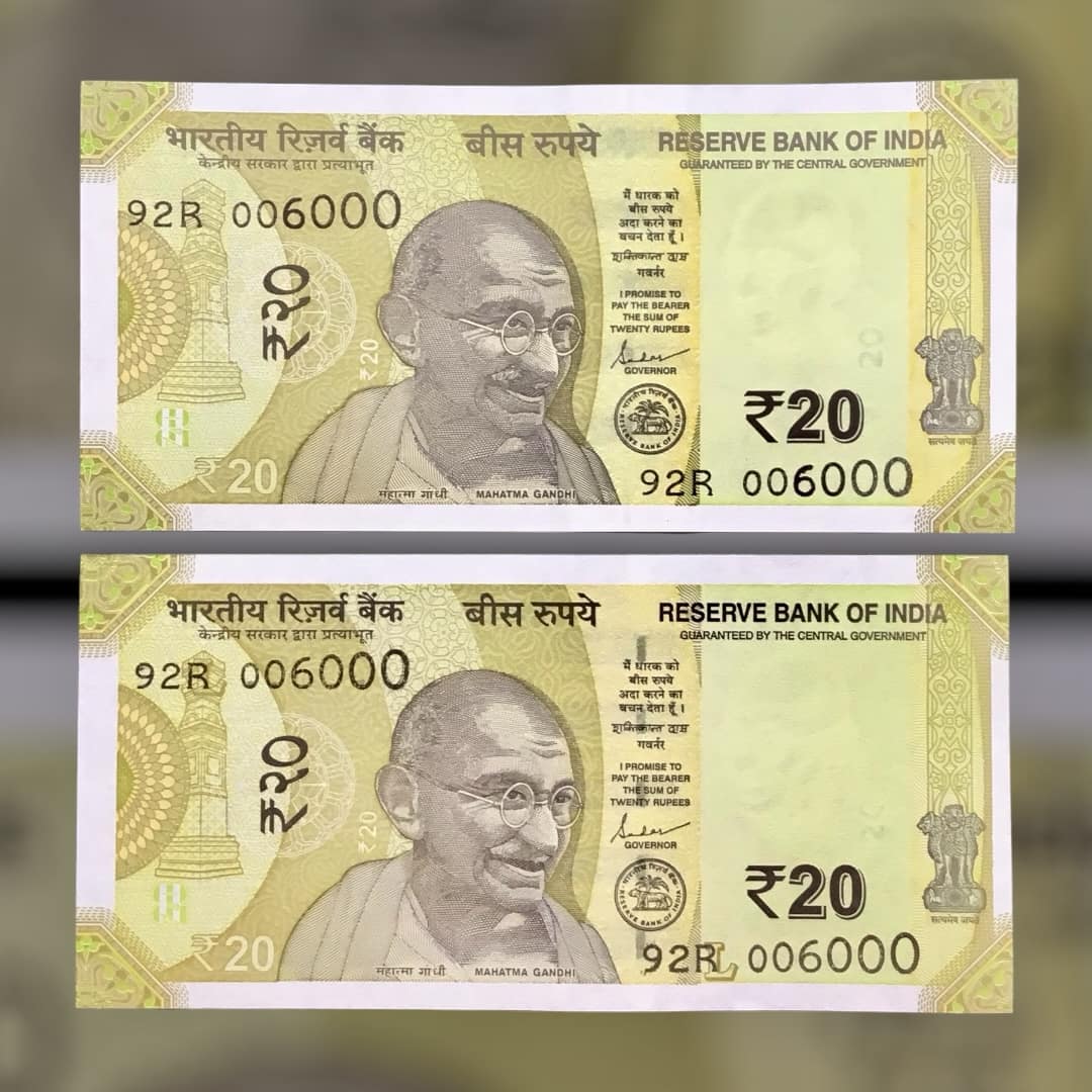 Rs 20 INDIA Banknote SEMI FANCY TWIN SET 92R 006000 UNIQUE AND RARE