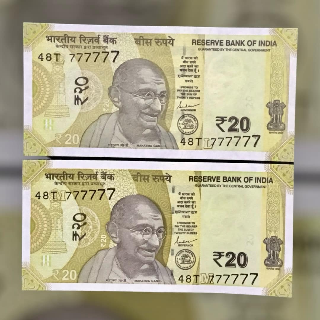 Rs 20 INDIA Banknote FANCY TWIN SET 48T 777777 UNIQUE AND RARE