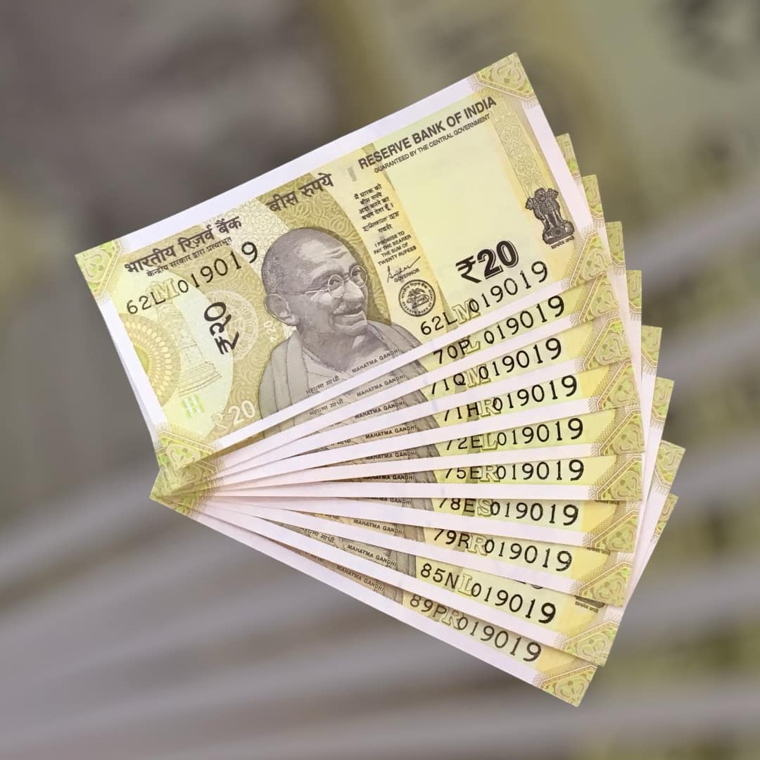 RS 20 INDIA BANK NOTE SEMI FANCY 10 NOTE SAME NUMBER SETS 019019 UNIQUE AND RARE
