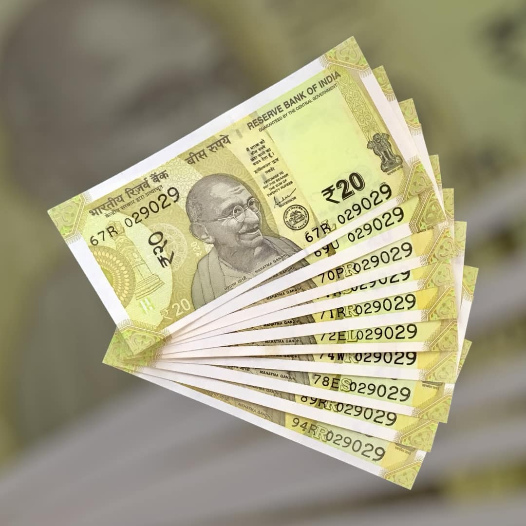 RS 20 INDIA BANK NOTE SEMI FANCY 10 NOTE SAME NUMBER SETS 029029 UNIQUE AND RARE