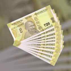 Alternative view of RS 20 INDIA BANK NOTE SEMI FANCY 10 NOTE SAME NUMBER SETS 065065 UNIQUE AND RARE