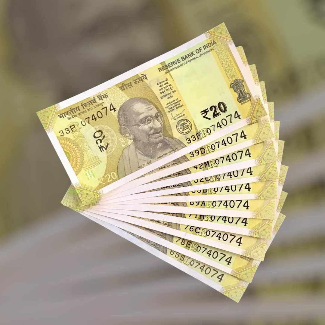 RS 20 INDIA BANK NOTE SEMI FANCY 10 NOTE SAME NUMBER SETS 074074 UNIQUE AND RARE - Image 2