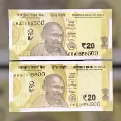 Rs 20 INDIA Banknote SEMI FANCY TWIN SETS 08A 555500 UNIQUE AND RARE