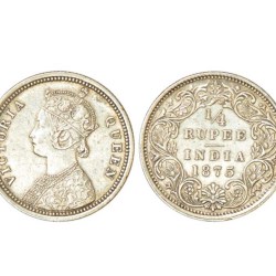 Victoria Queen, silver ¼ rupee, 1875, Bombay mint, A/I/no mm, PR 406. Extremely fine, Very rare. Similar coin was sold in Auction 45, classic numismatic gallery Lot no. 692 at hammer Rs. 1,51,000.