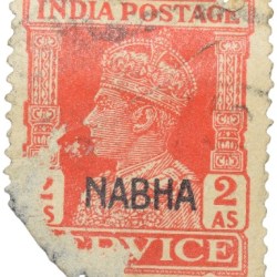 Postal Stamp of Indian Conventional States - Nabha State George VI Red Colour 2 Annas Service - 'Nabha' Over Printed in English - Used Condition as per Image.