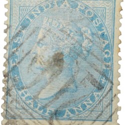 East India Postage Stamp of Victoria Queen (AD 1858) - Blue Colour 1/2 Anna - Gibbson Ty.37 - Used Condition as per Image, Rare.