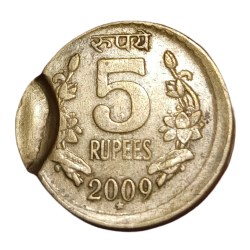 5 Rupees Ni/Brs FIRST Issue Year 2009 Hyderabad Mint with OFF CENTRE & INDENT Errors **SCARE** Collectable Grade.