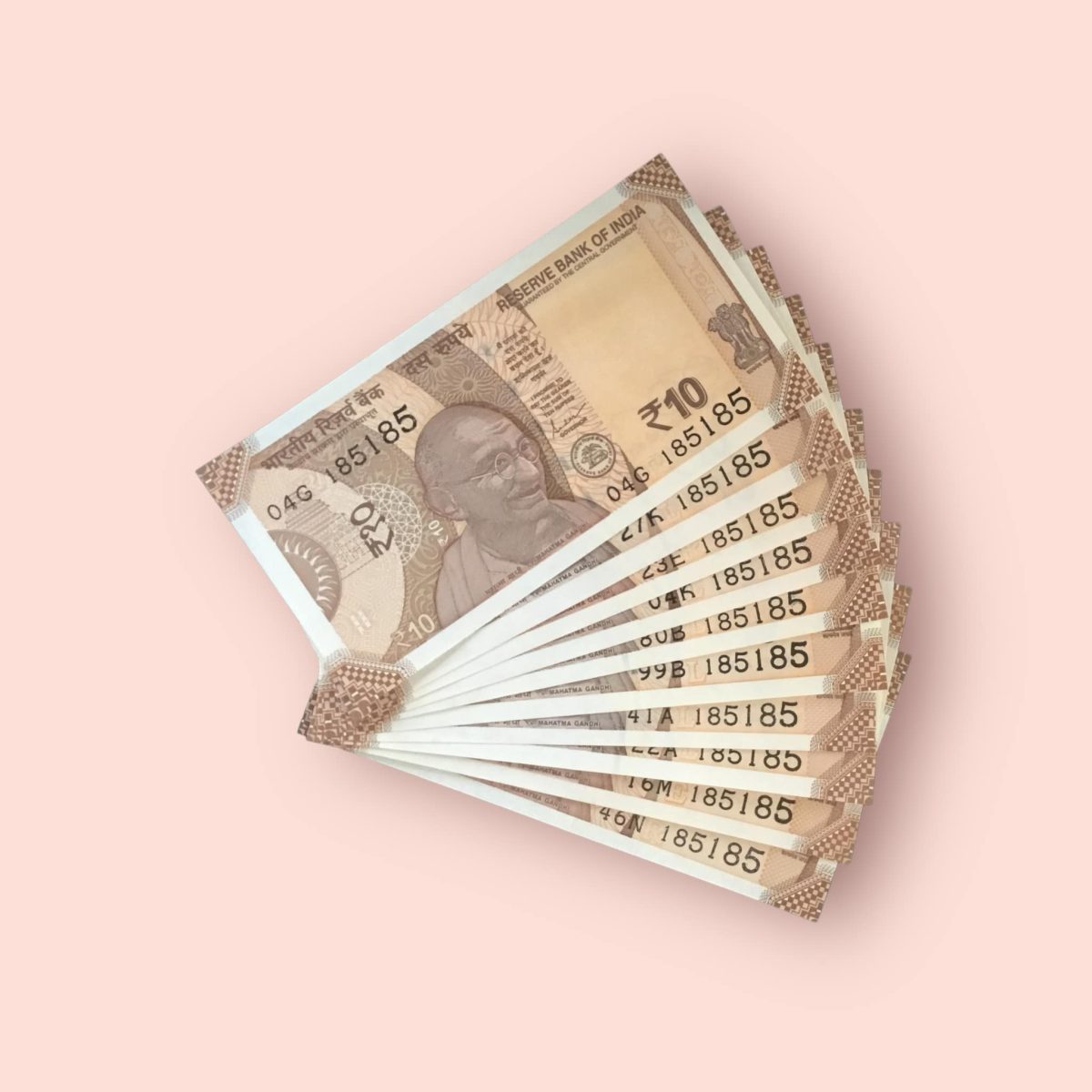 RS 10/- INDIA BANK NOTE SEMI FANCY 10 NOTE SAME NUMBER SET 185185 ...