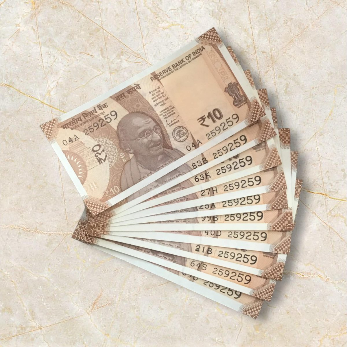 RS 10/- INDIA BANK NOTE SEMI FANCY 10 NOTE SAME NUMBER SET 259259 ...